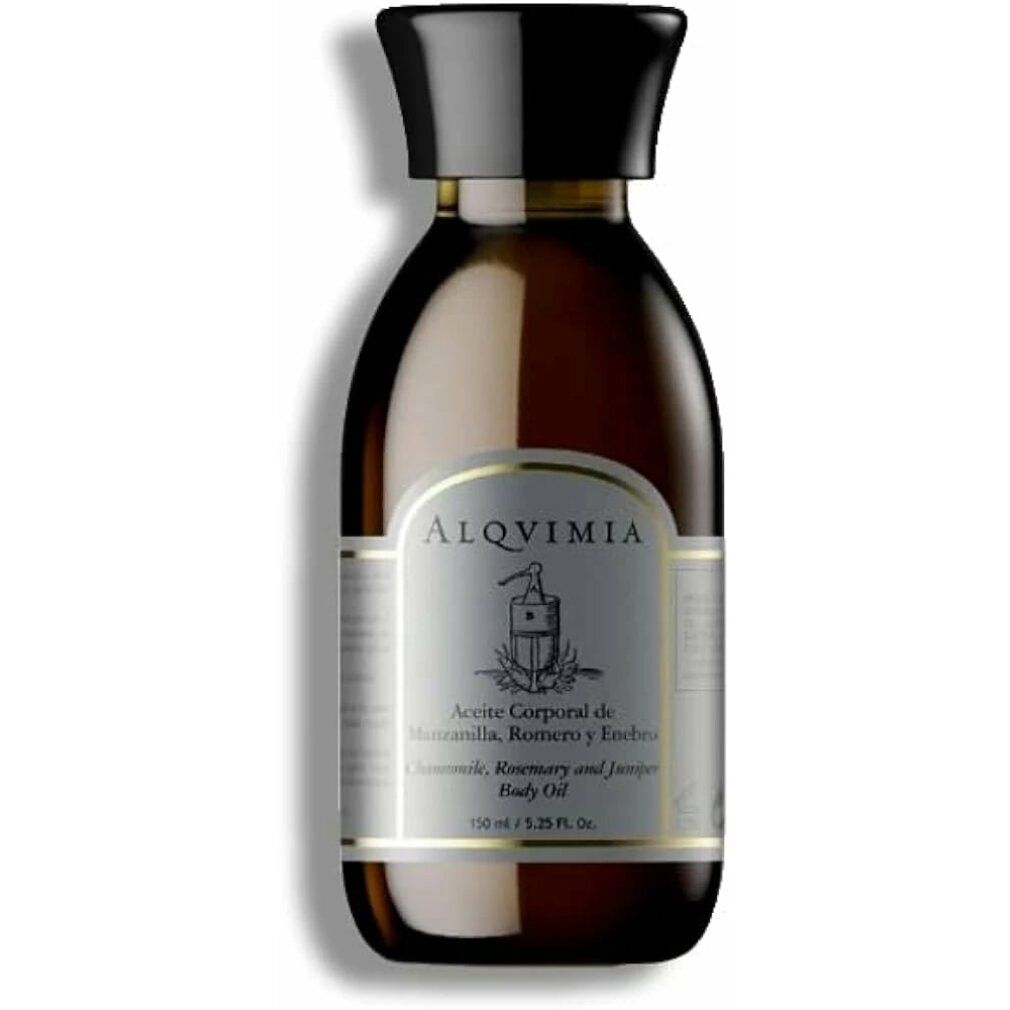 Flacone in vetro marrone con tappo nero. Scritta: Alqvimia, Aceite Corporal, Manzanilla, Romero y Enebro. 150 ml / 5.25 Fl. Oz.