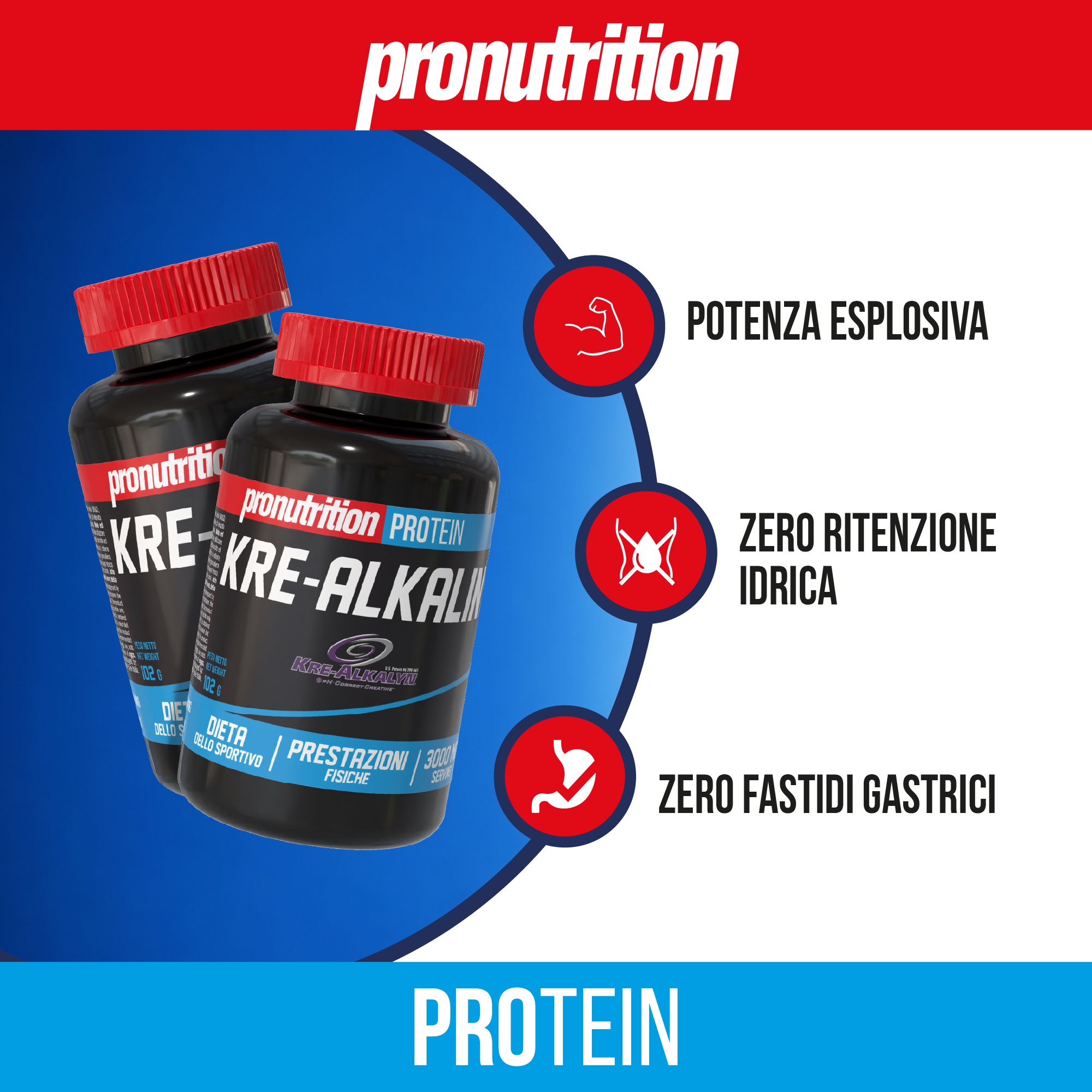 Due flaconi neri con tappo rosso, nome del prodotto e testo. Grafici con icone.