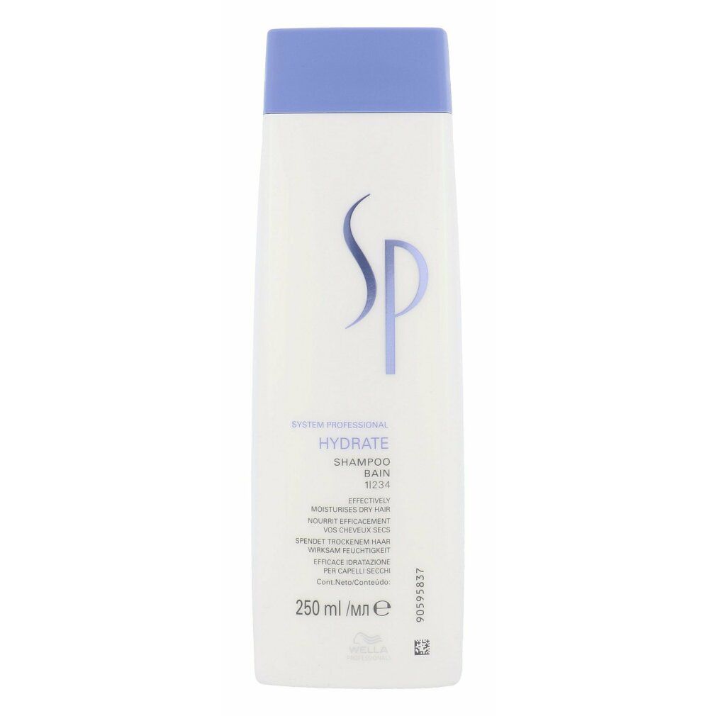 Flacone di shampoo bianco con tappo blu. Scritta SP, Hydrate Shampoo, 250 ml. Per capelli secchi.