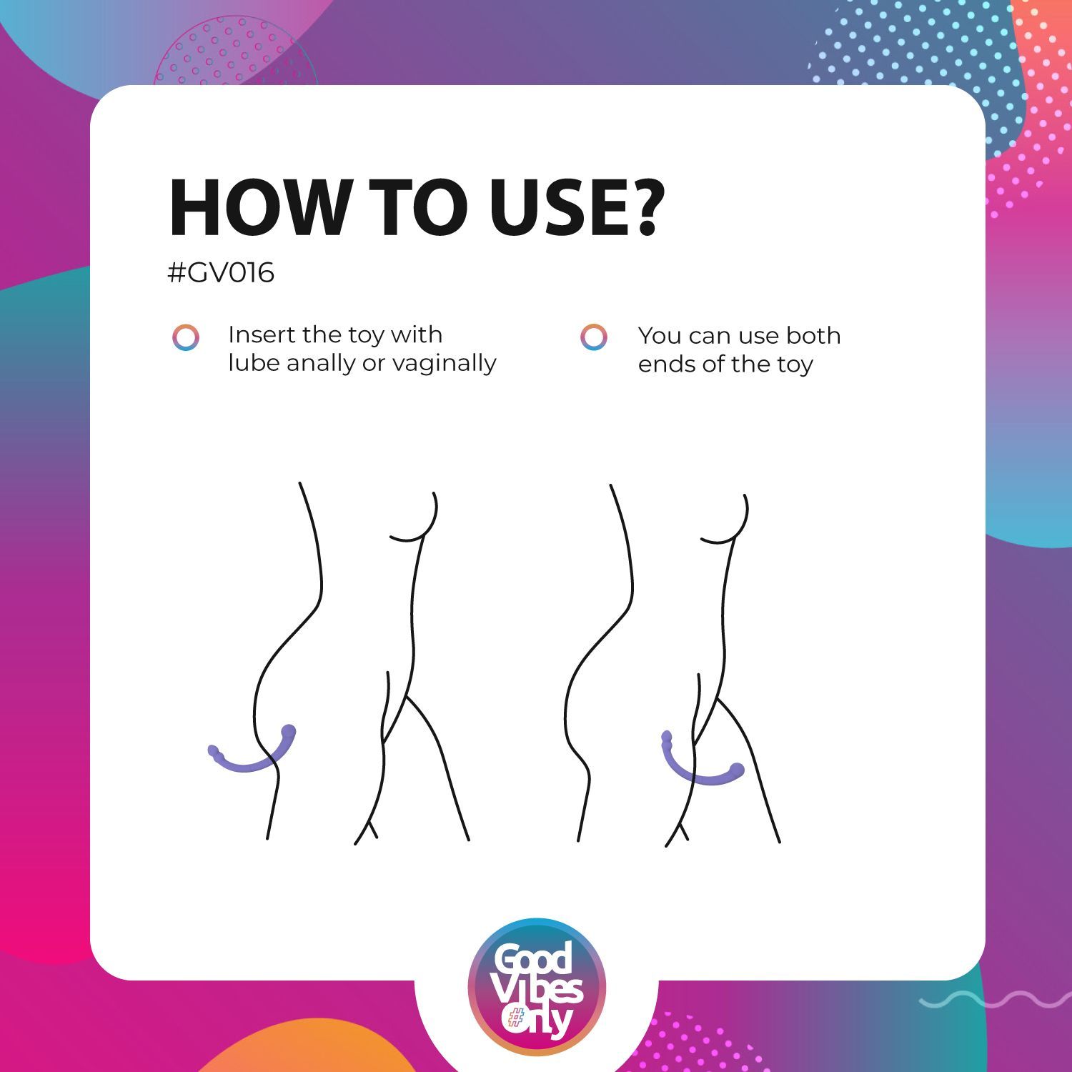 Infografica »HOW TO USE?« con illustrazioni. Applicazione del prodotto: anale o vaginale. Logo »Good Vibes Only«.