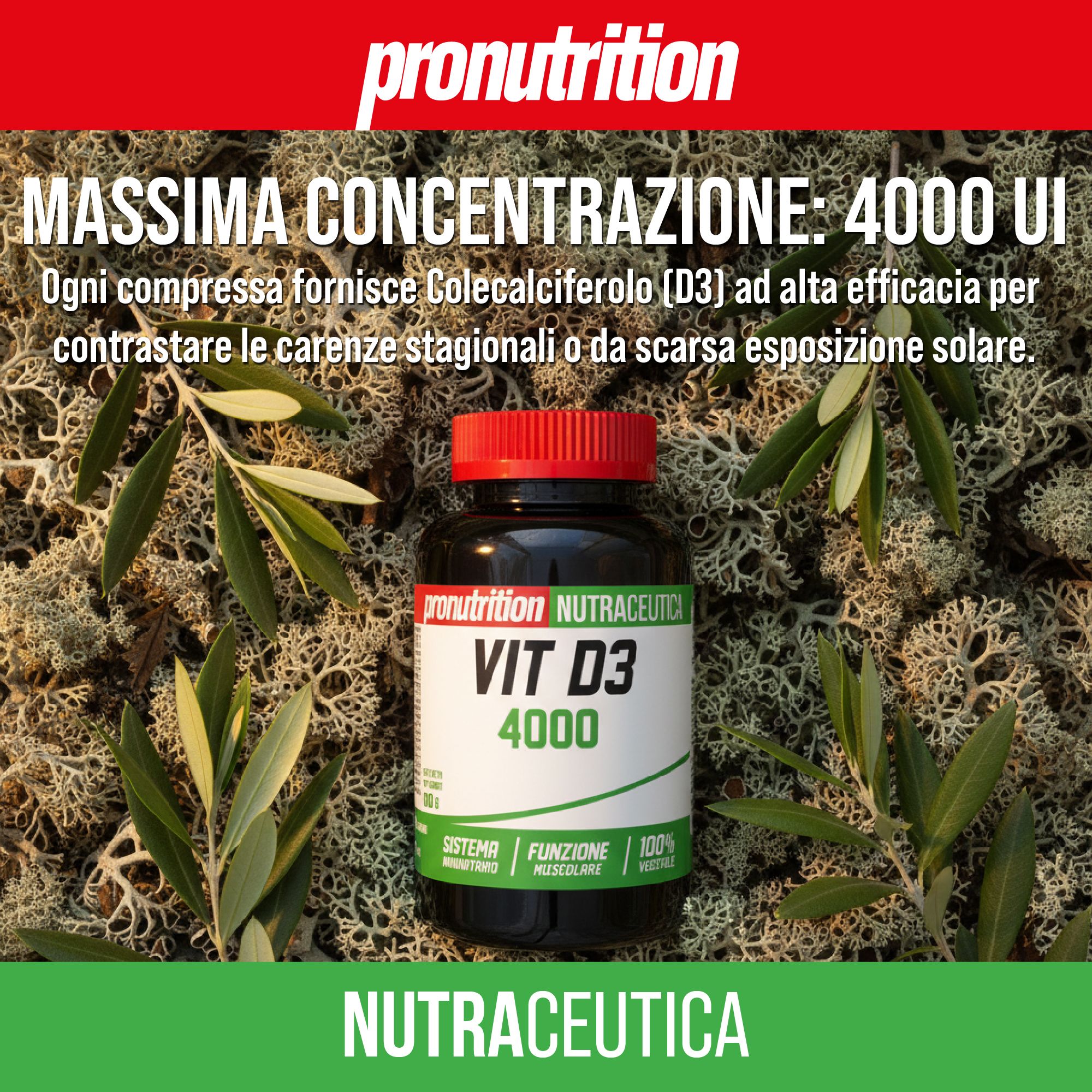 Flacone marrone con tappo rosso. Scritta Vit D3 4000. Etichetta verde e bianca. Sfondo vegetale.