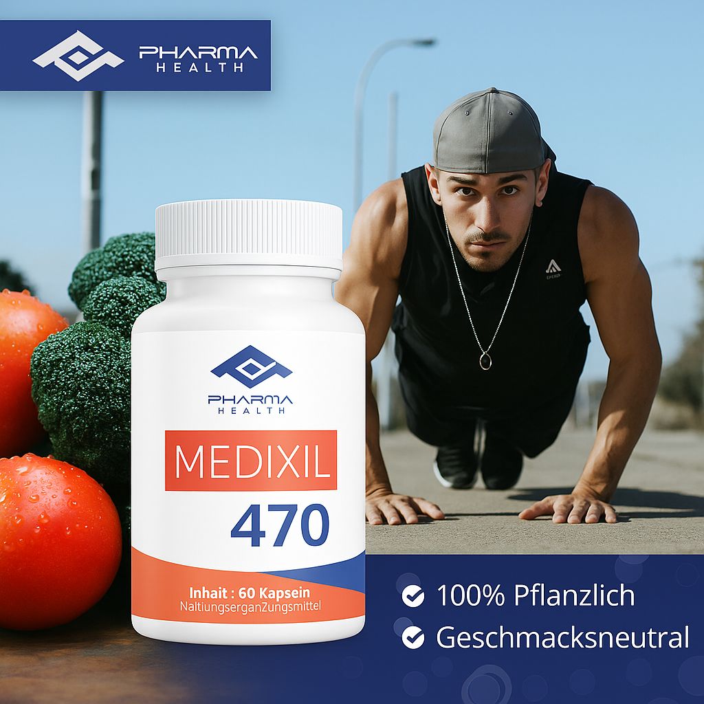 Flacone bianco con capsule, MEDIXIL 470. Logo Pharma Health. Testo: Integratore alimentare. Uomo in allenamento.