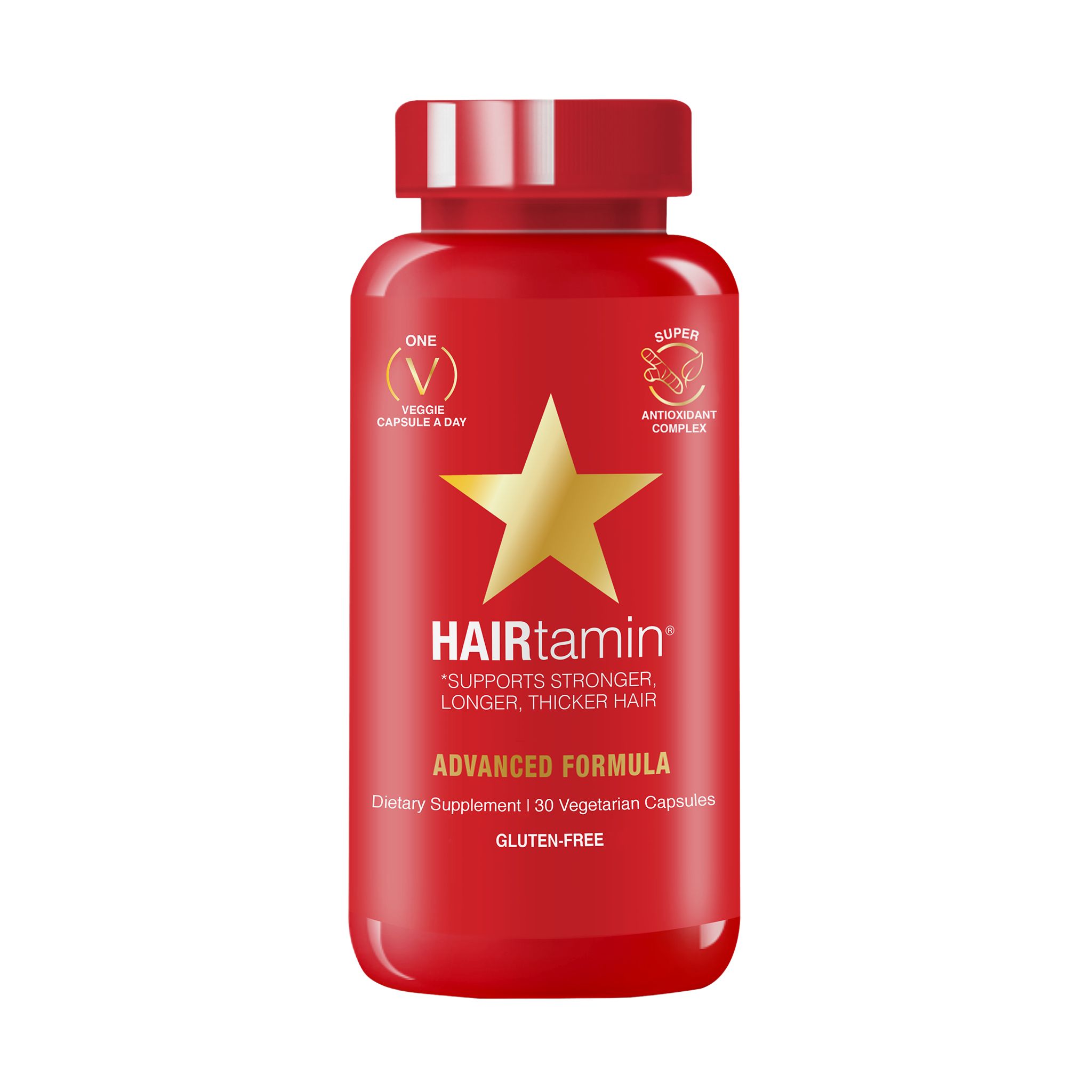 Flacone rosso HAIRtamin Advanced Formula. Stella dorata. Logo vegano. 30 capsule. Senza glutine. Integratore alimentare.