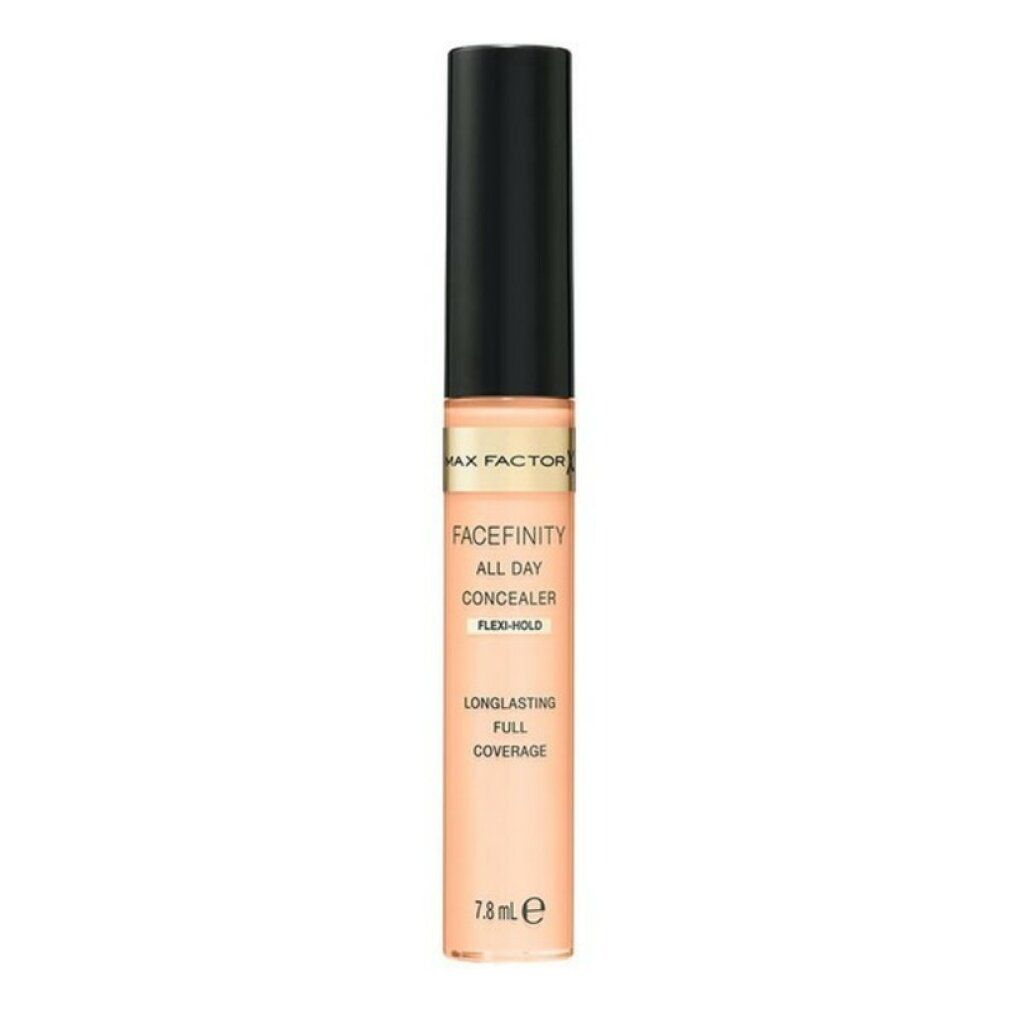Correttore Max Factor Facefinity All Day. Tubo beige con tappo nero. Scritte: Facefinity, All Day Concealer, Flexi-Hold, 7,8 ml.