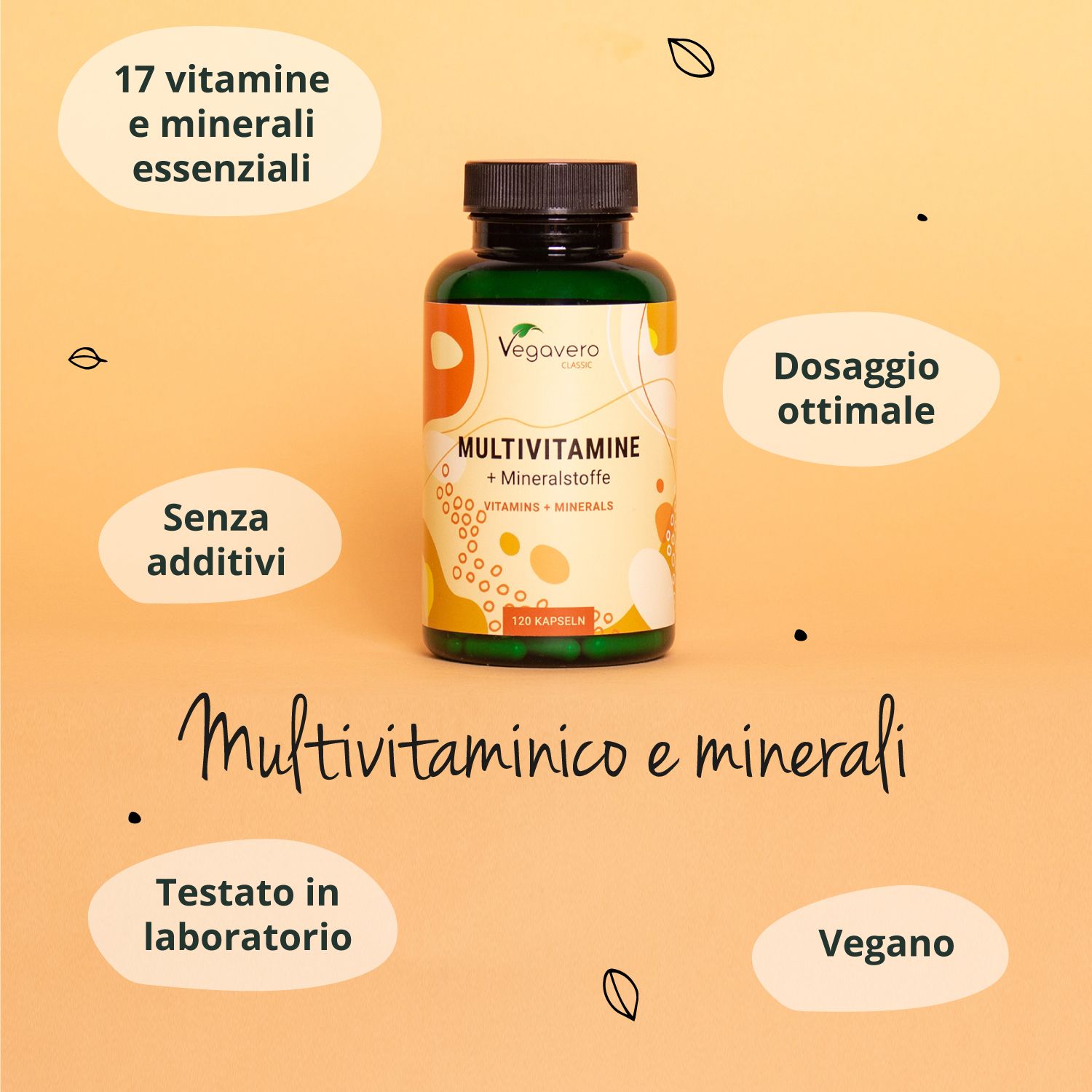 Bottiglia VEGAVERO Multivitaminico e minerali, circondata da testo. Contiene: 17 vitamine e minerali, senza additivi, dosaggio ottimale, vegano.