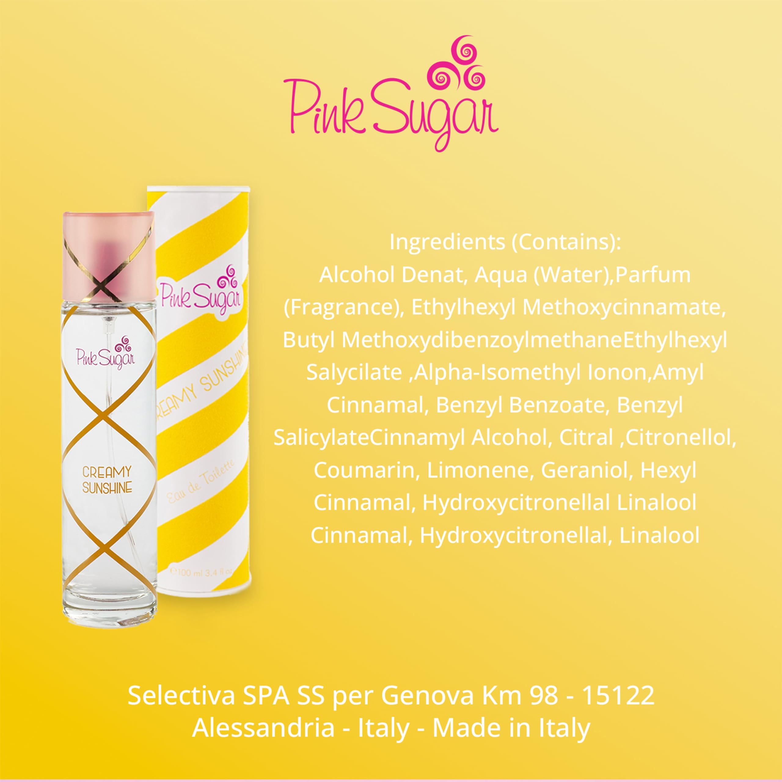 Flacone in vetro e confezione. Logo Pink Sugar e nome del prodotto. Elenco ingredienti e informazioni produttore.