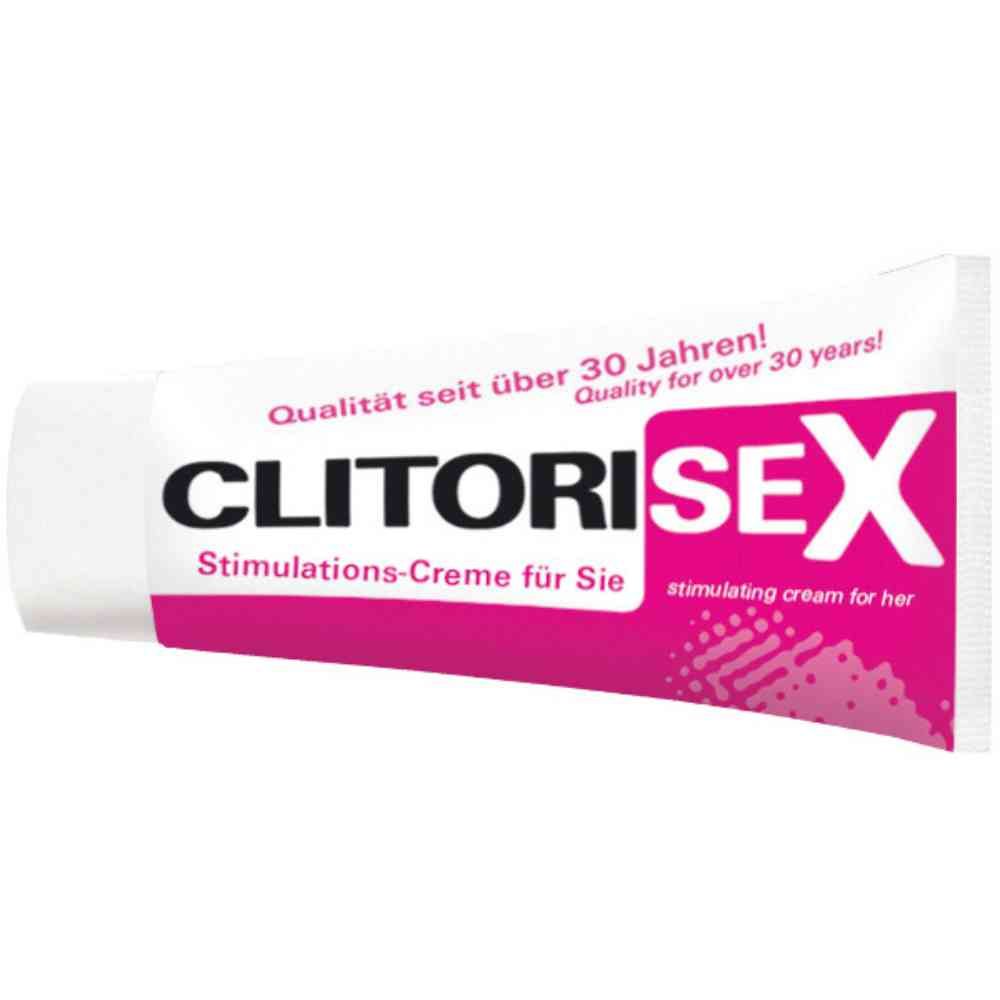Tubo di CLITORISEX. Testo: Stimulations-Creme für Sie, stimulating cream for her. Rosa e bianco. Qualità da oltre 30 anni!