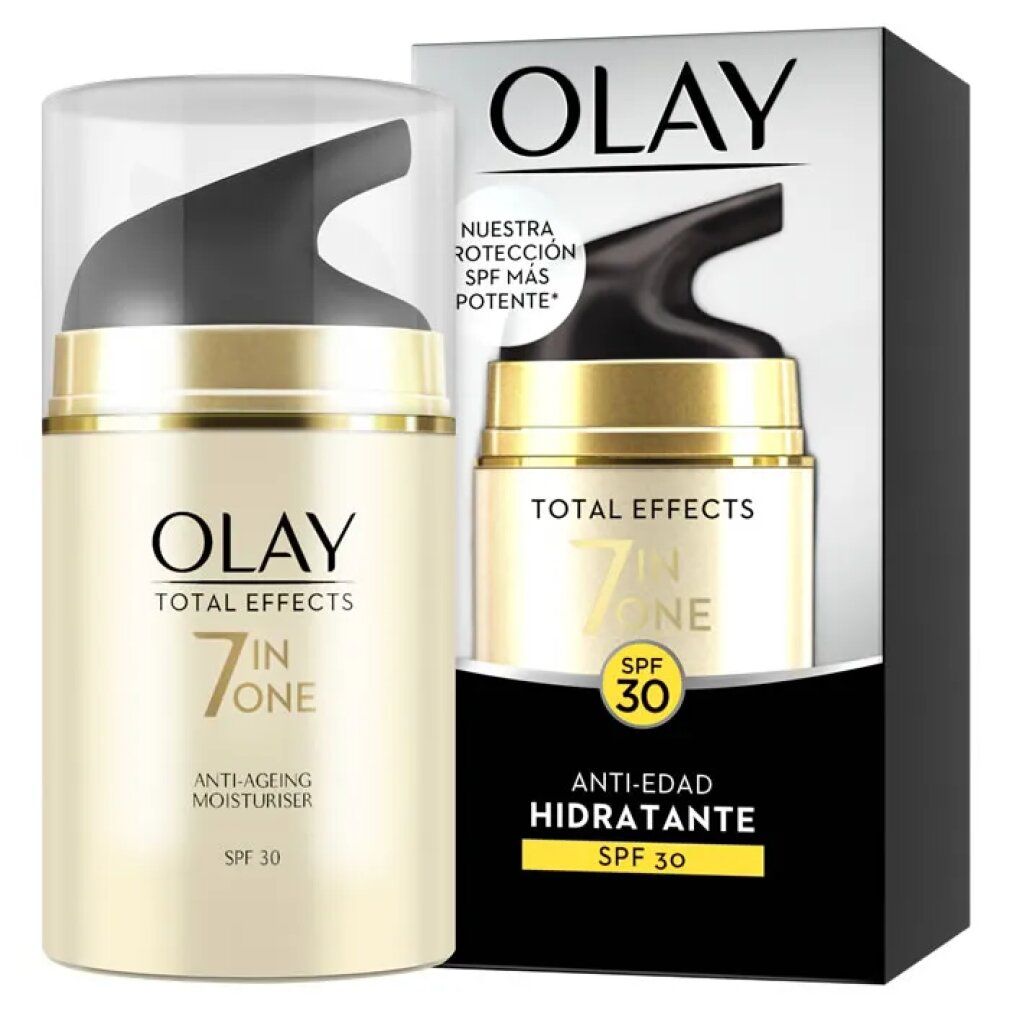 Olay Total Effects 7 in One crema idratante anti-età. Dispenser con coperchio nero e anello dorato. Confezione con immagine del prodotto.