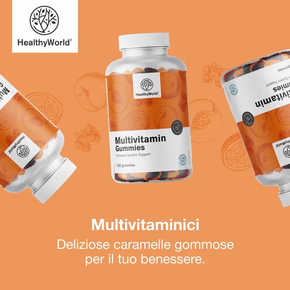Flacone di caramelle gommose multivitaminiche. Testo e ingredienti. Sfondo arancione. Caramelle gommose.