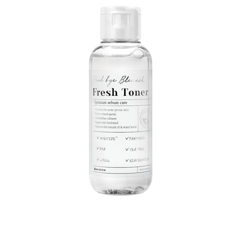 Flacone trasparente con tappo bianco. Scritta: Fresh Toner. Contiene ingredienti come Acnotide, BHA, Tea Tree.