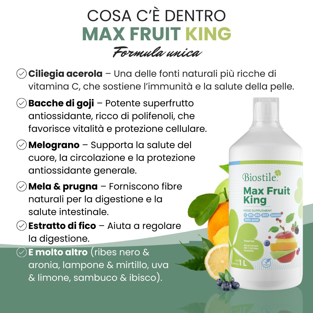 Bottiglia Biostile Max Fruit King. Testo: Cosa c'è dentro Max Fruit King? Elenco degli ingredienti.