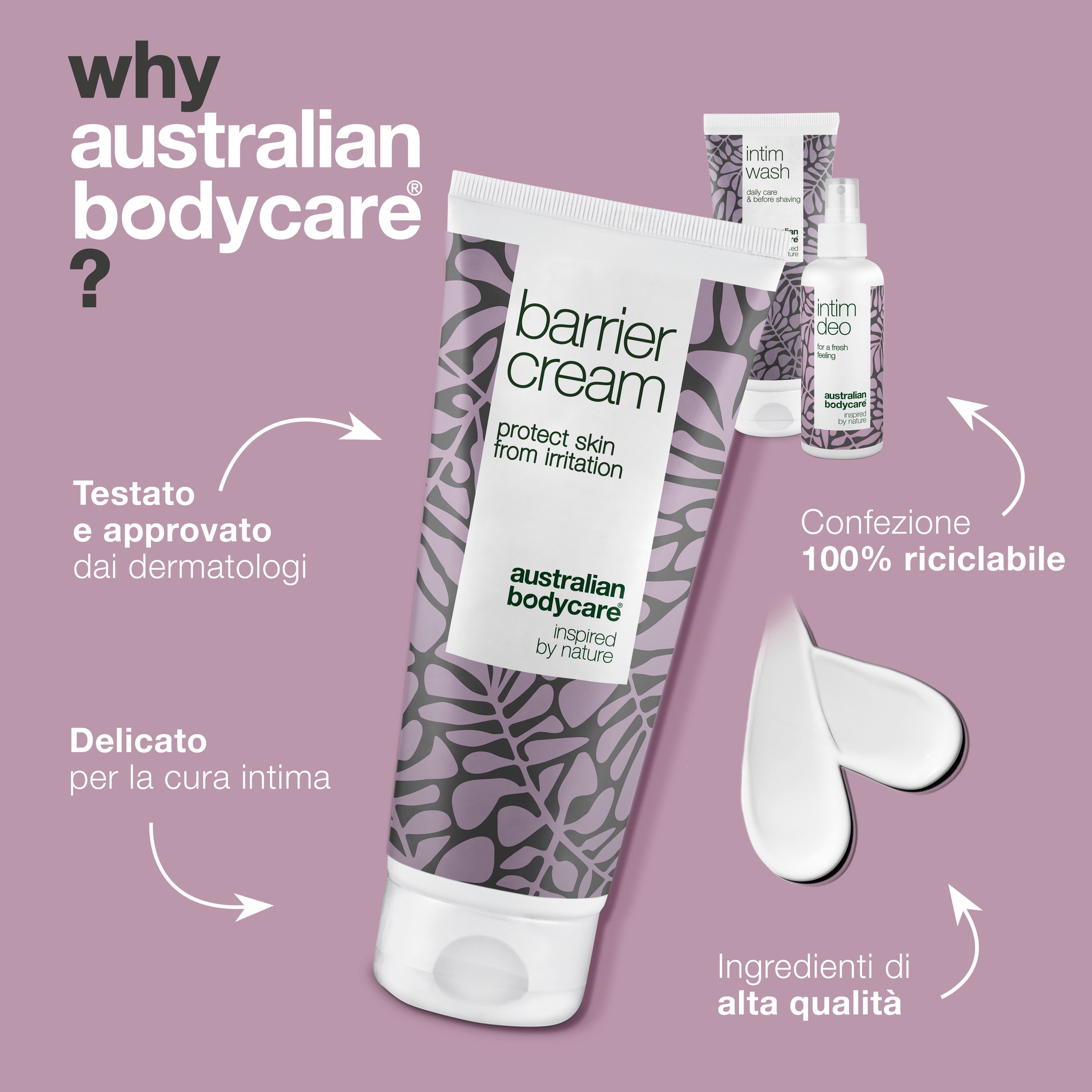 Immagine del prodotto con testo. Prodotti: Barrier Cream, Intim Wash, Intim Deo. Testo: Testato e approvato dai dermatologi. Marchio: Australian Bodycare.