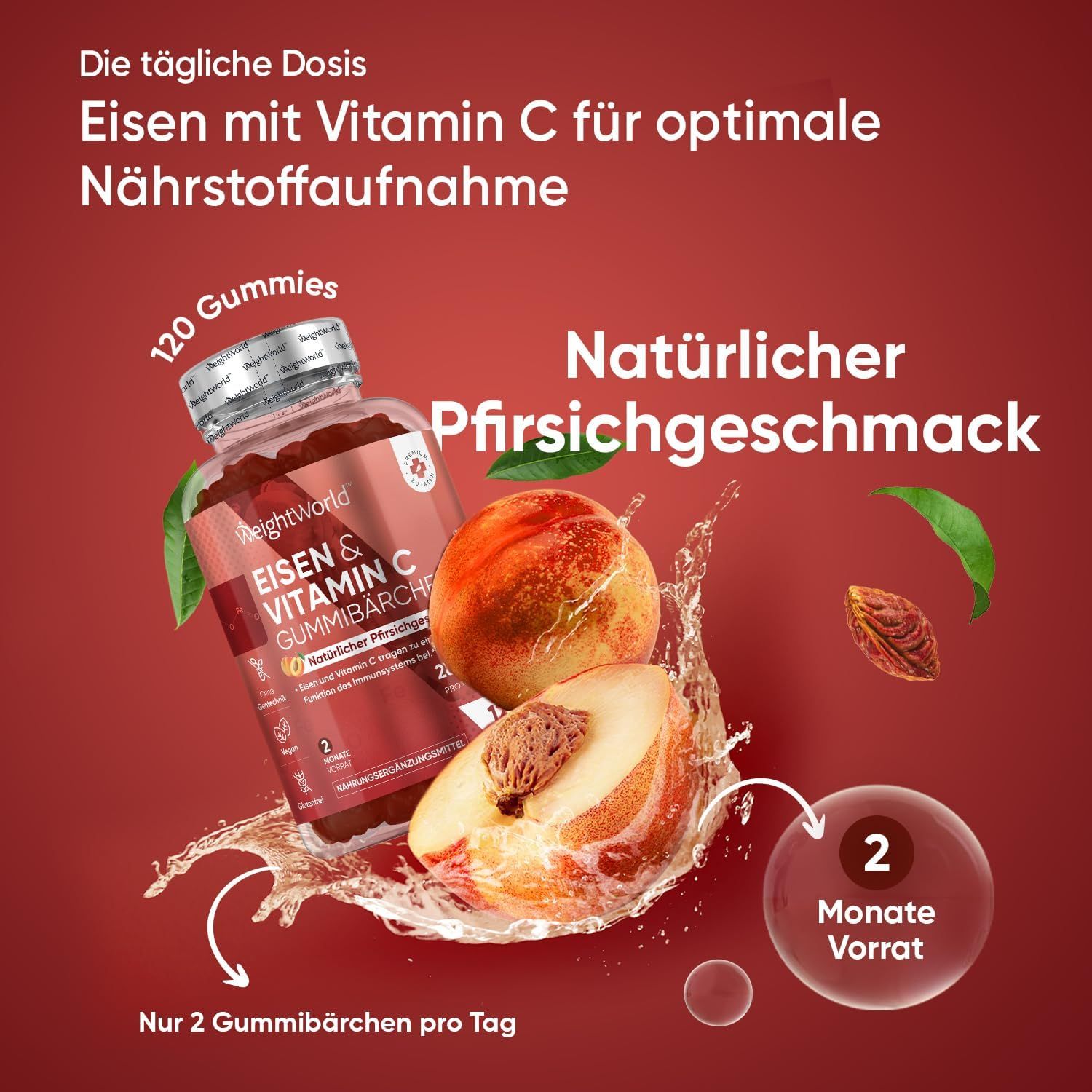 Gommose WeightWorld Ferro & Vitamina C. 120 gommose. Gusto naturale di pesca. 2 mesi di fornitura.