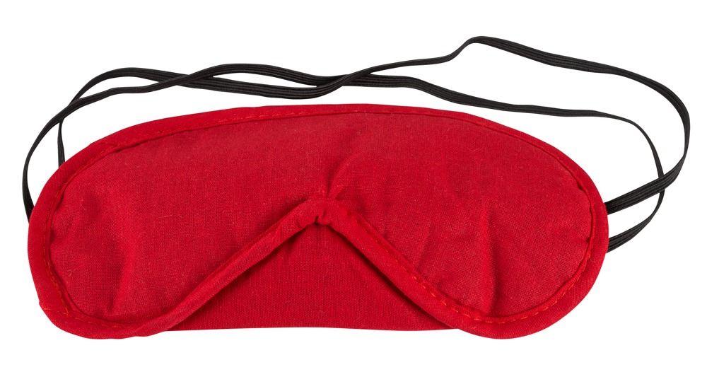Maschera per gli occhi rossa con fascia elastica. La maschera è di forma ovale e in tessuto.