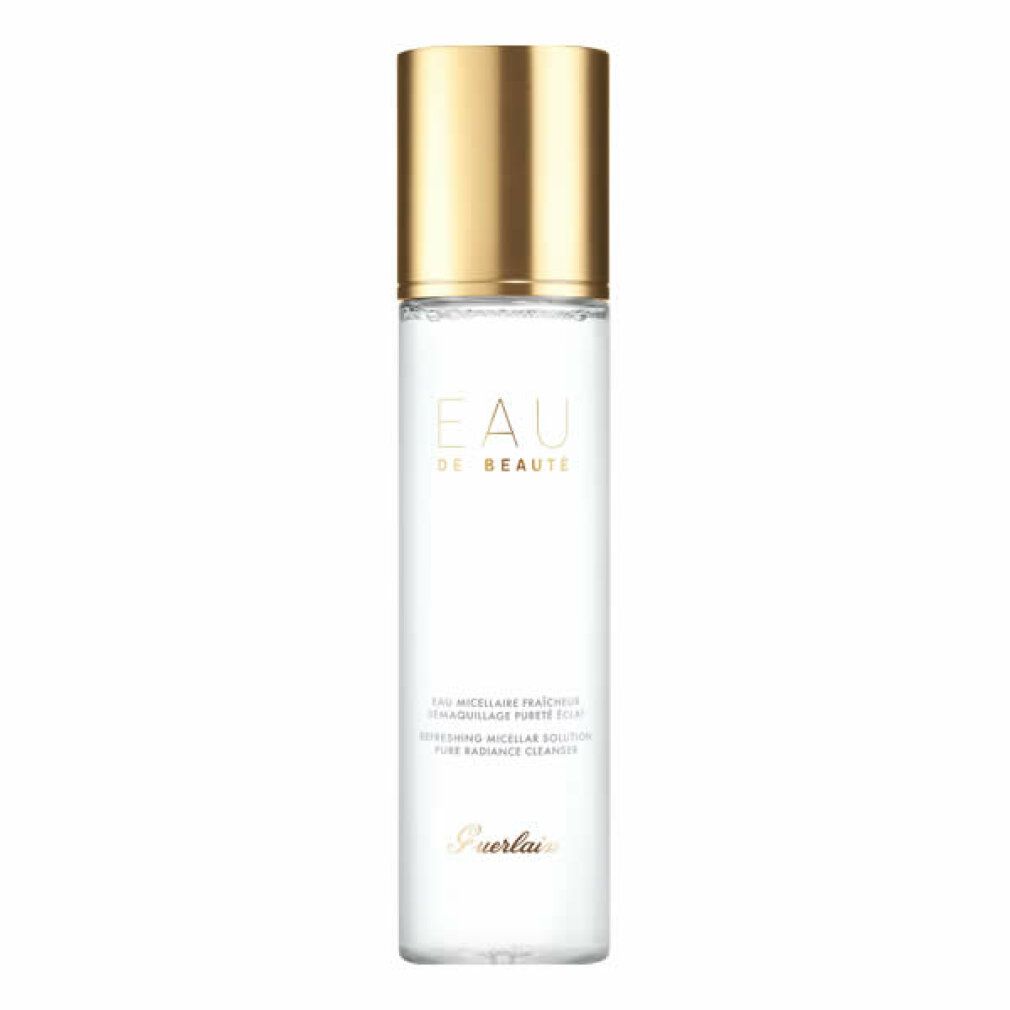 Lozione Micellare Eau De Beauté, flacone trasparente con tappo dorato. Testo: Eau de Beauté, Guerlain.