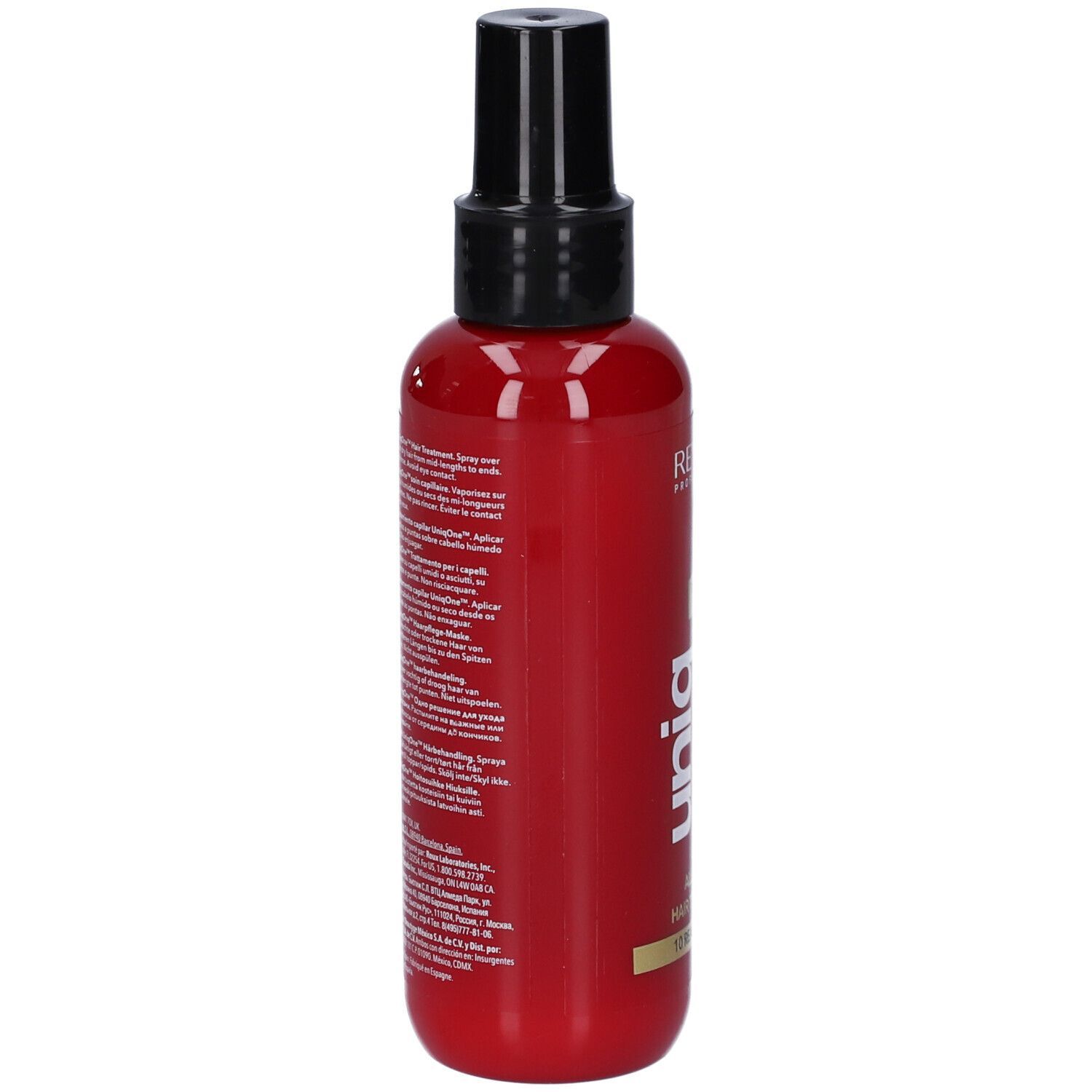 Flacone rosso con vaporizzatore nero. Retro con testo. Scritta: Uniq One, Hair Treatment.
