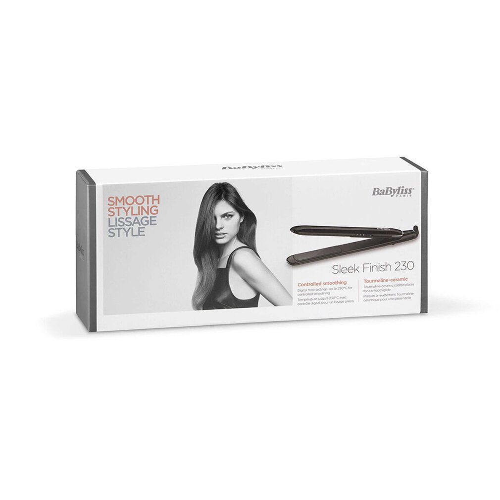 Confezione con piastra per capelli e immagine di una donna. Testo: Smooth Styling Lissange Style.