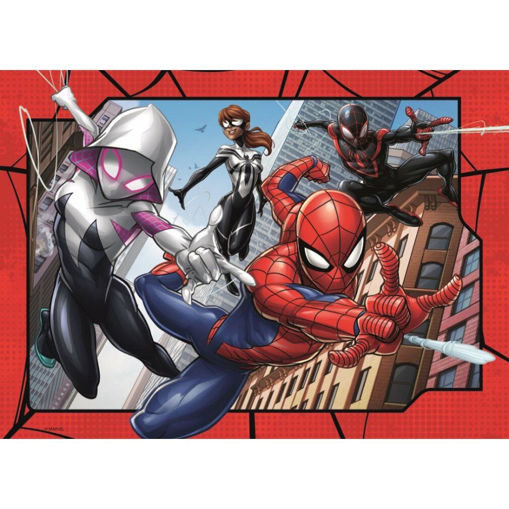 Dettaglio puzzle Spider-Man. Spider-Man in azione. Altri personaggi. Sfondo urbano ed elementi rossi.