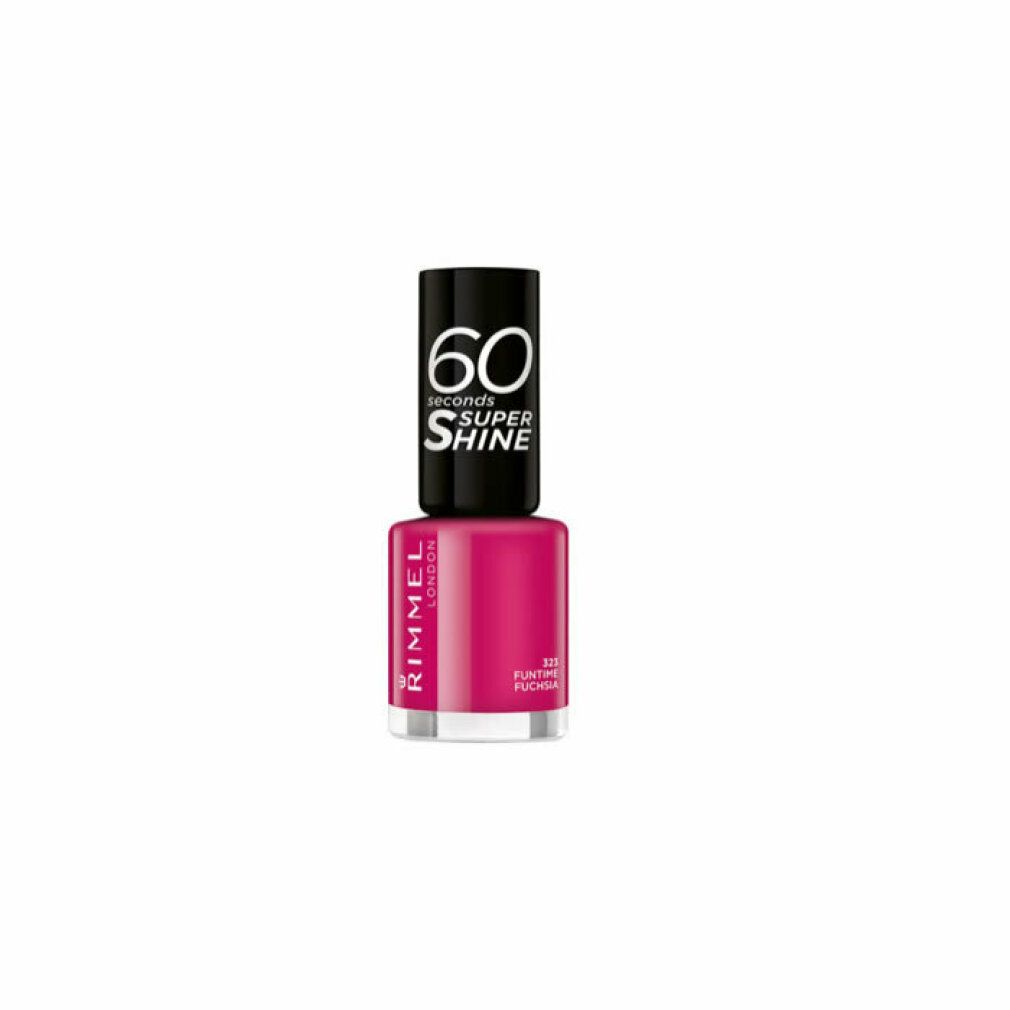 Flacone di smalto rosa. Tappo nero con scritta bianca: 60 seconds SUPER SHINE. Marchio Rimmel London. Numero 323.