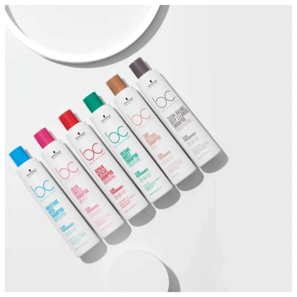Sei bottiglie di shampoo colorate. Scritta "bc BONACURE".