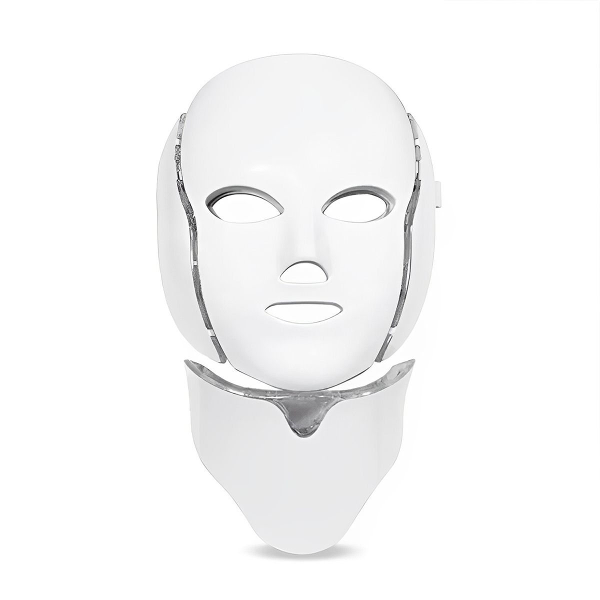 Maschera LED facciale bianca con estensione per il collo rimovibile, isolata su sfondo bianco.