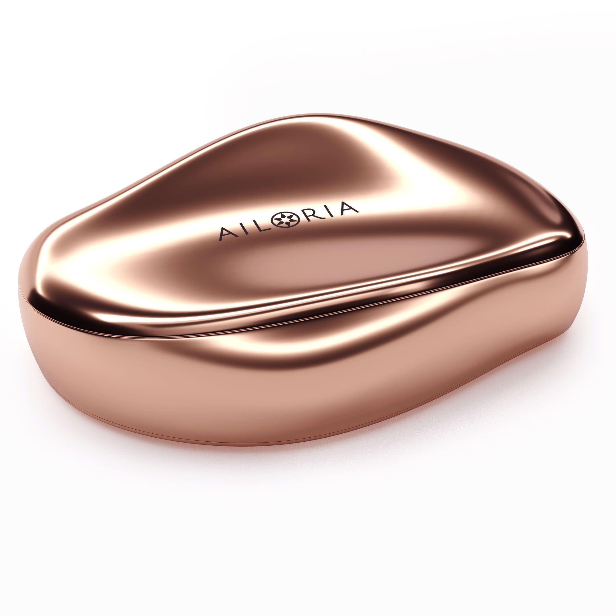 Custodia ovale color oro rosa con logo AILORIA. Superficie lucida.