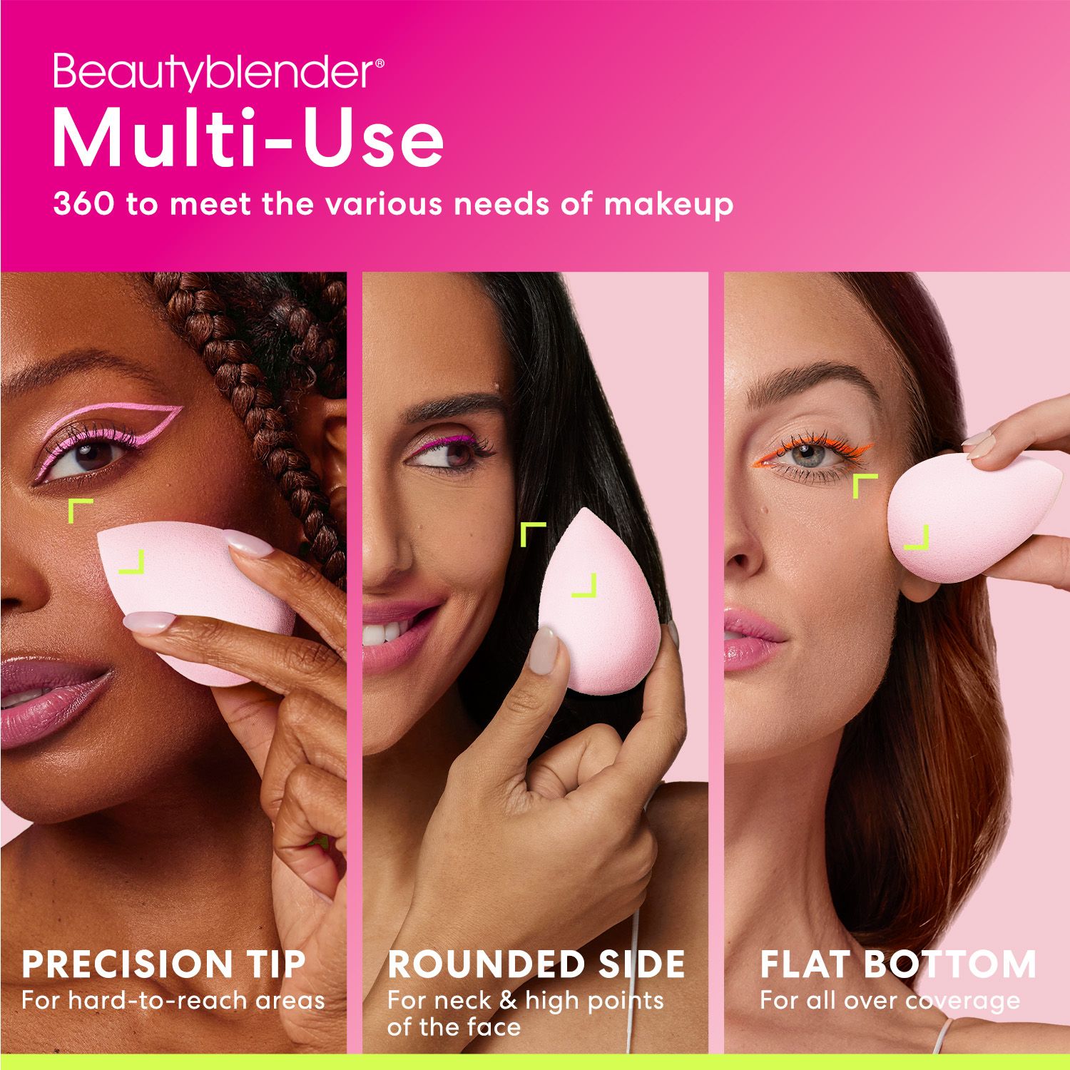 Tre donne usano spugne Beautyblender. Testo: Multi-Use, Precision Tip, Rounded Side, Flat Bottom. Sfondo rosa.