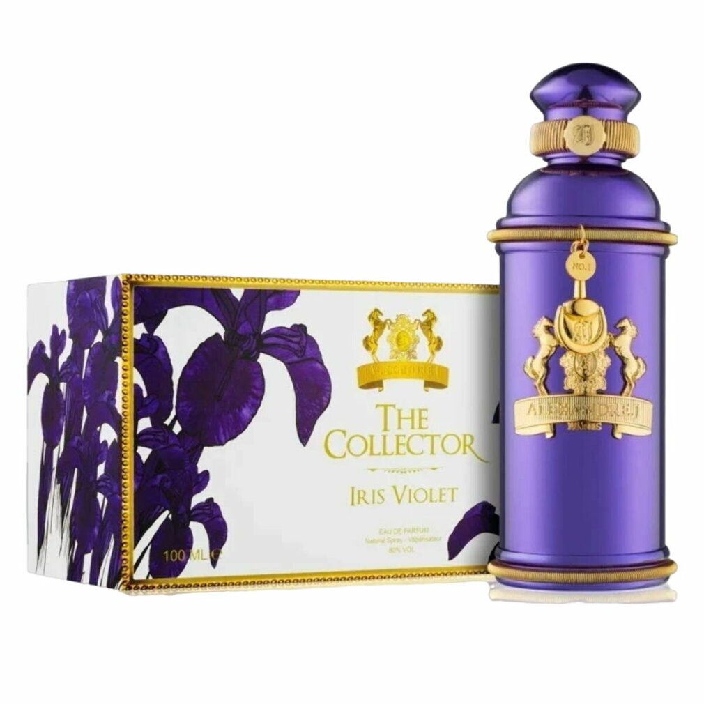Flacone di profumo viola e confezione. Scritta: The Collector Iris Violet. Ornamenti e logo dorati.