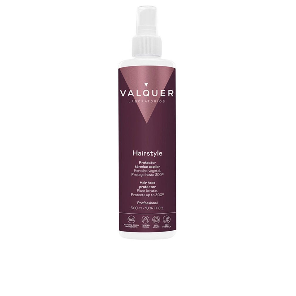 Flacone spray bianco-viola con vaporizzatore bianco. Scritta: Hairstyle. Protezione termica fino a 300°C. Marchio Valquer.