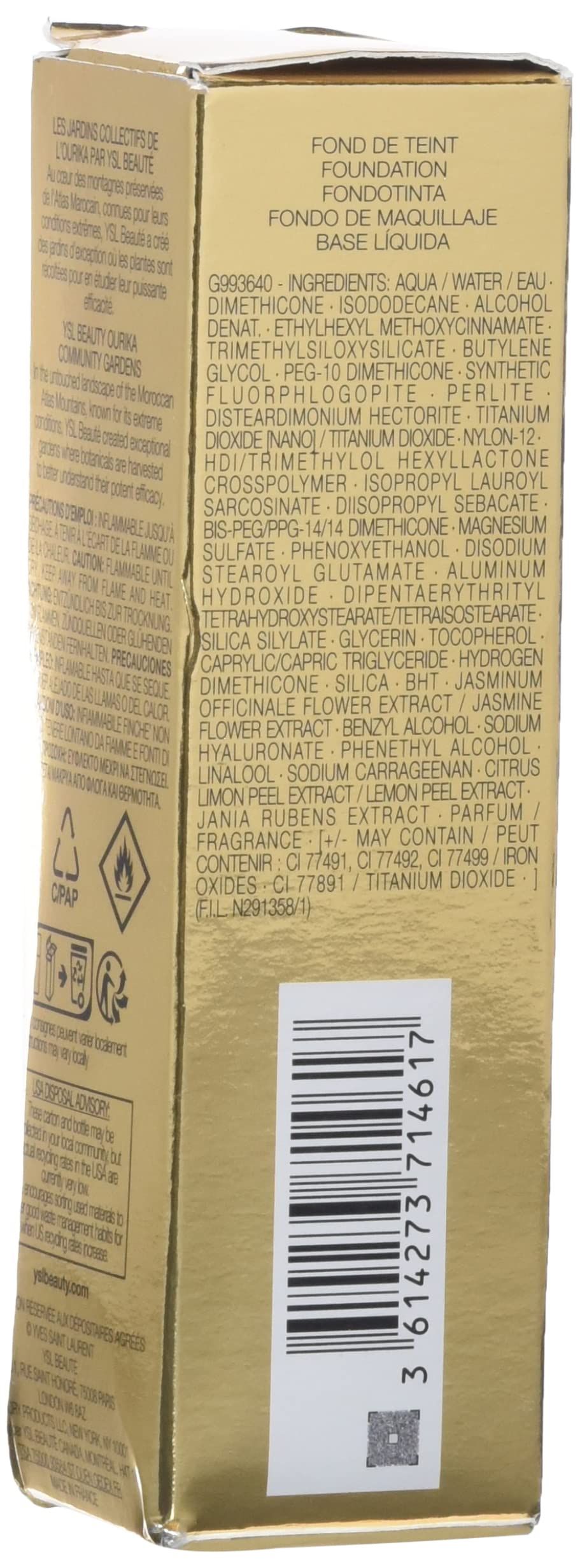 Retro della confezione fondotinta Yves Saint Laurent. Scatola dorata con testo e codice a barre. Ingredienti.