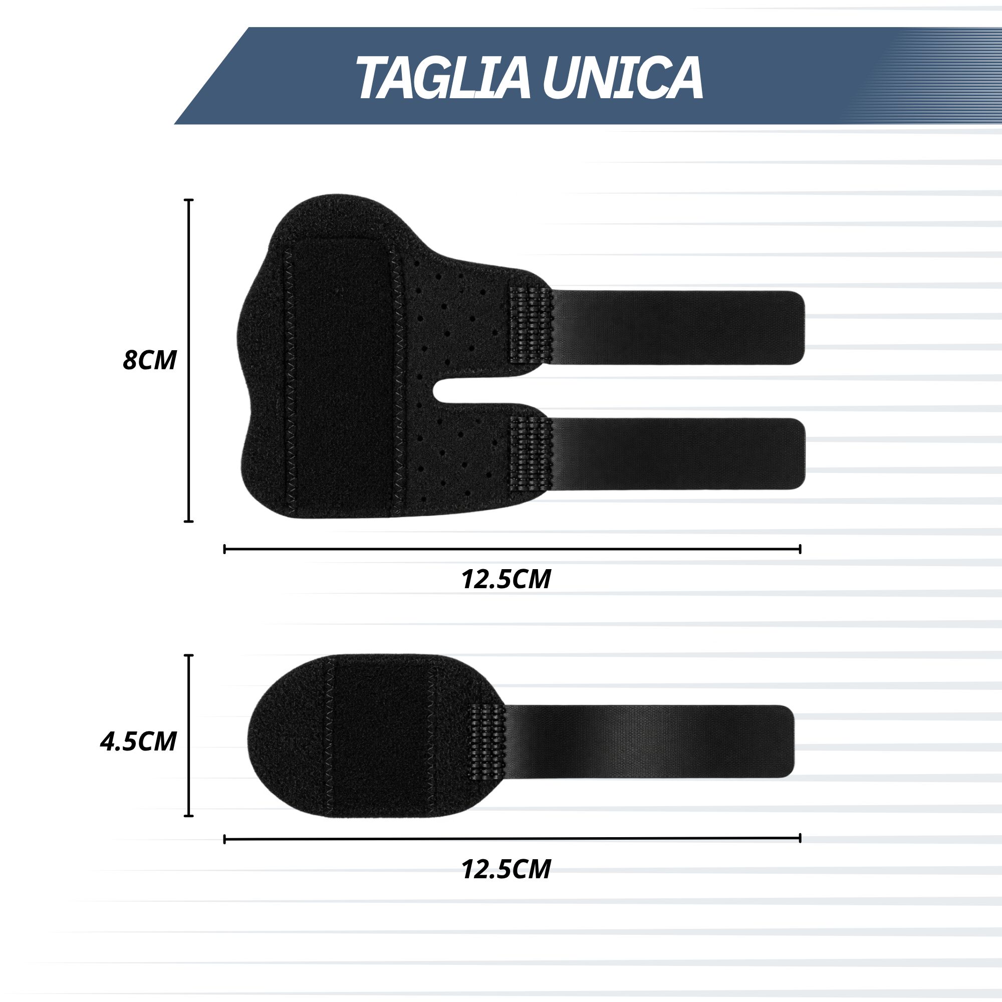 Stabilizzatore nero per polso e pollice con passante per il pollice, tessuto traspirante e velcro.