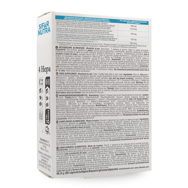 Retro della scatola Sifar Nutra 4 Hepa. Testo: Informazioni nutrizionali, ingredienti, istruzioni per l'uso.