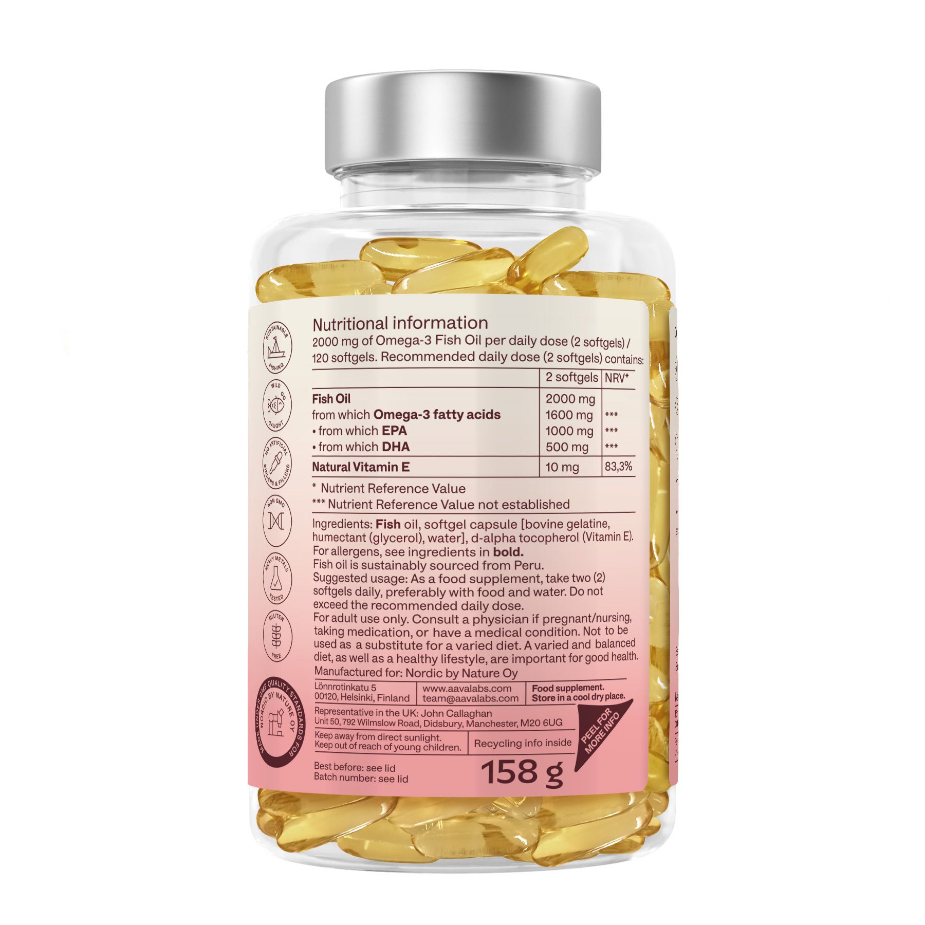 Retro del flacone con capsule gialle. Informazioni nutrizionali, ingredienti e produttore. Peso: 158 g.