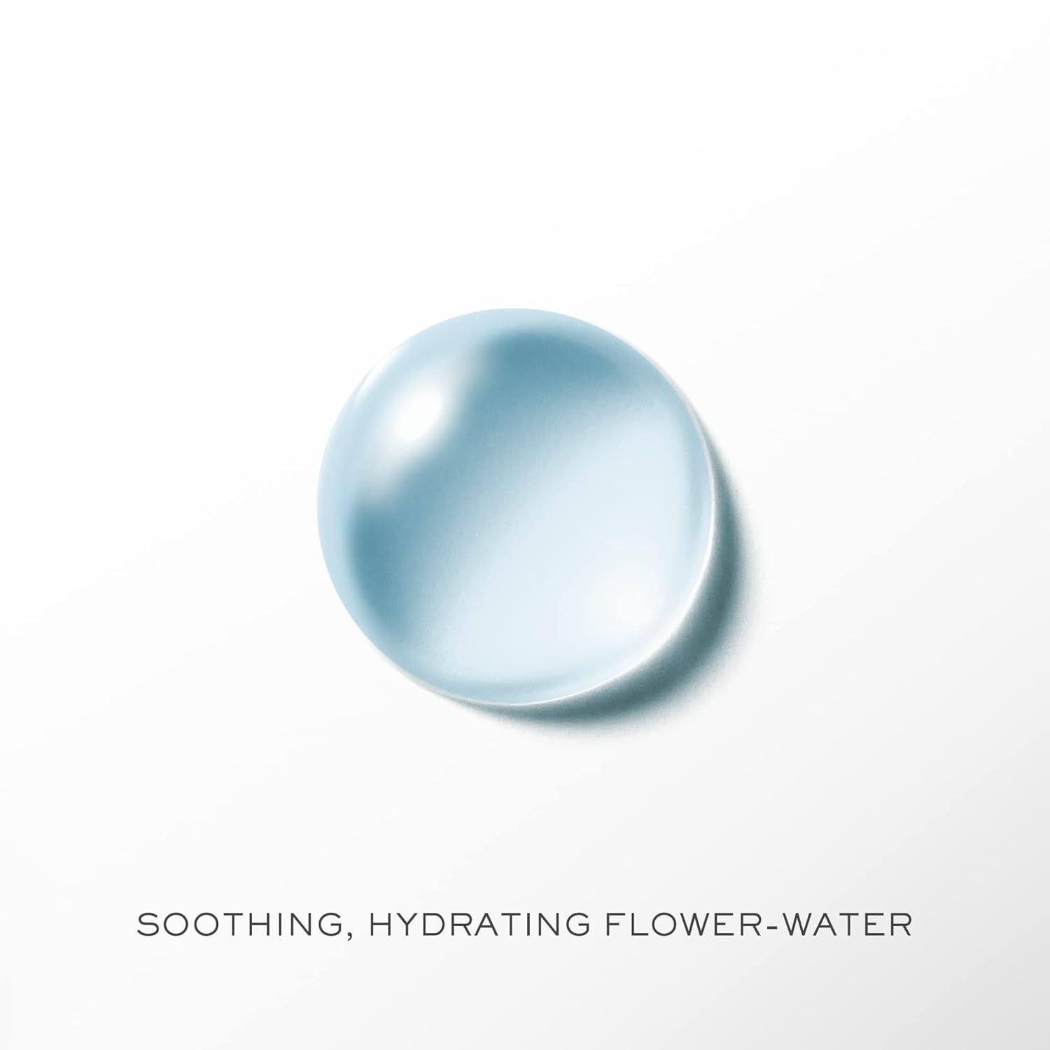 Goccia di liquido blu. Testo: Soothing, Hydrating Flower-Water.