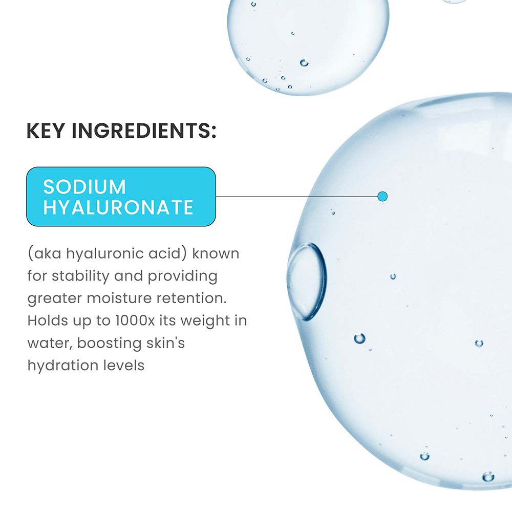 Primo piano di bolle d'acqua. Testo: "Sodium Hyaluronate" e descrizione degli ingredienti.