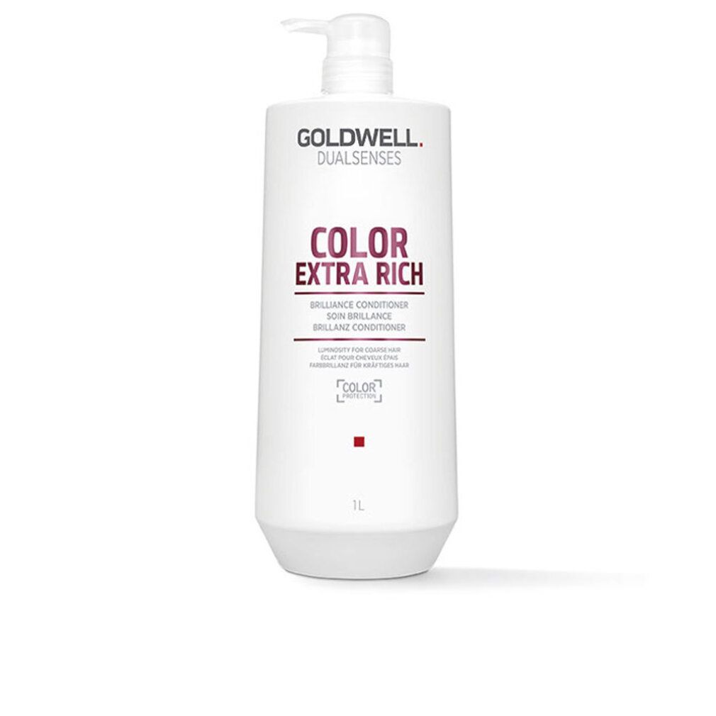 Goldwell Dualsenses Color Extra Rich Conditioner. Flacone bianco con dosatore. Scritta rosa: COLOR EXTRA RICH. 1L.