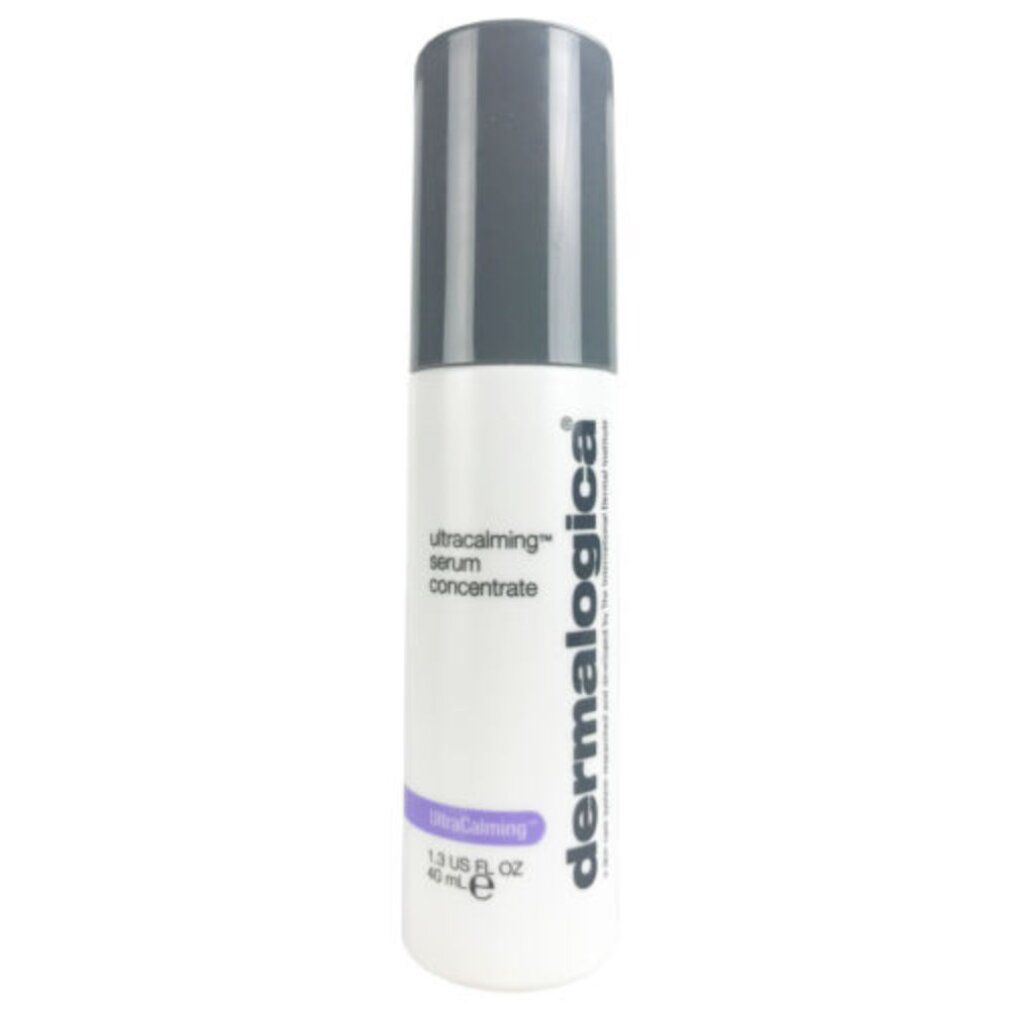 Flacone bianco con tappo grigio. Testo: Ultracalming Serum Concentrate, Dermalogica. Volume: 1.3 US FL OZ / 40 ml e.