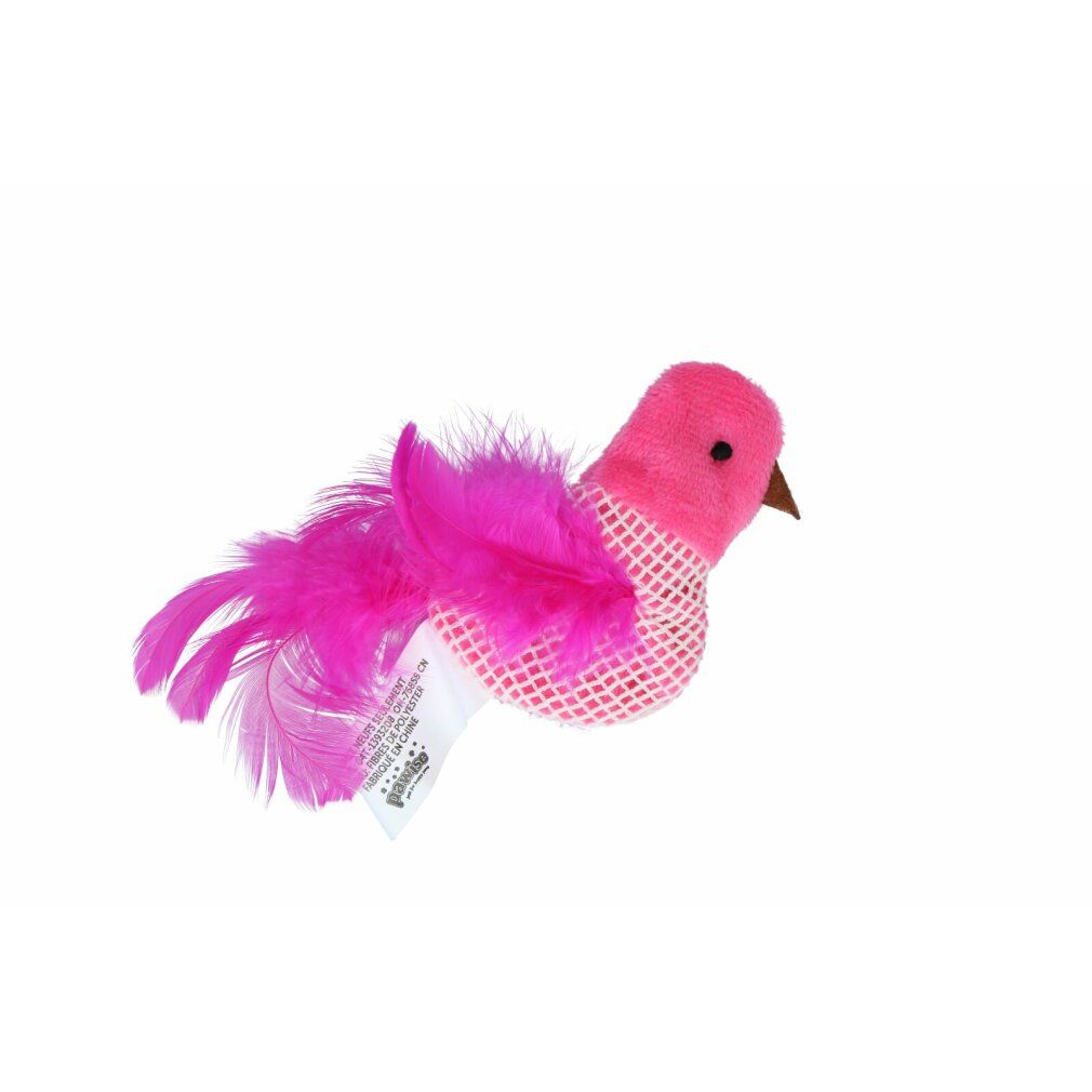 Giocattolo a forma di uccello rosa con piume. Corpo in tessuto a rete, becco marrone. Etichetta con testo.