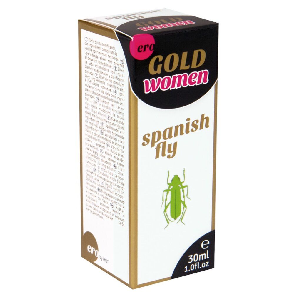 Scatola con scritta: Spanish Fly, Gold Women, 30ml. Insetto verde raffigurato. Coperchio nero.