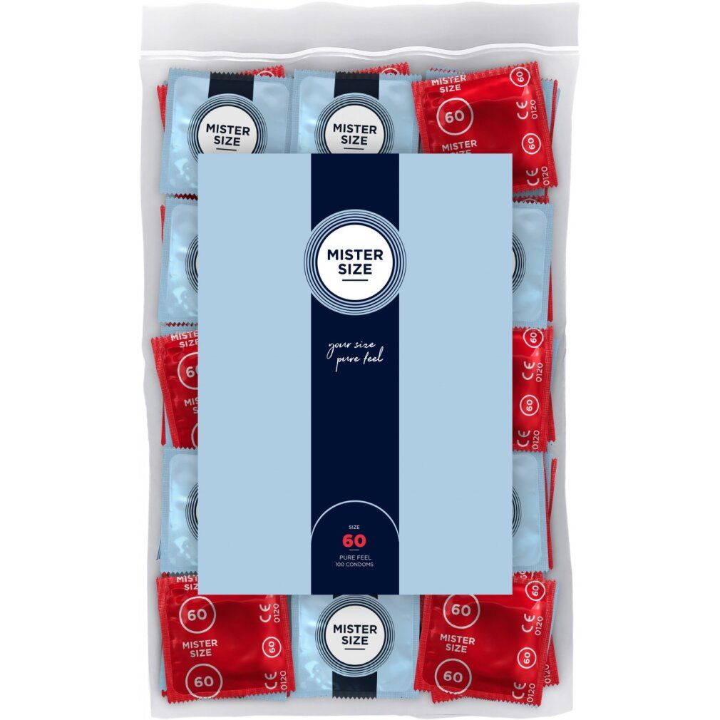 Confezione di preservativi. Visibile: Mister Size, 60 pezzi. Confezioni rosse e blu in un sacchetto trasparente.