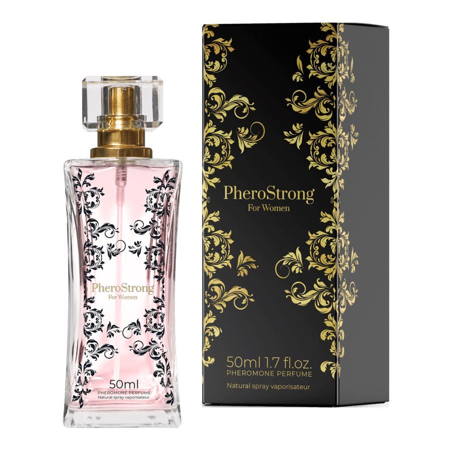 PheroStrong Profumo feromoni per donne, 50ml. Flacone con motivo floreale e scatola regalo nera.