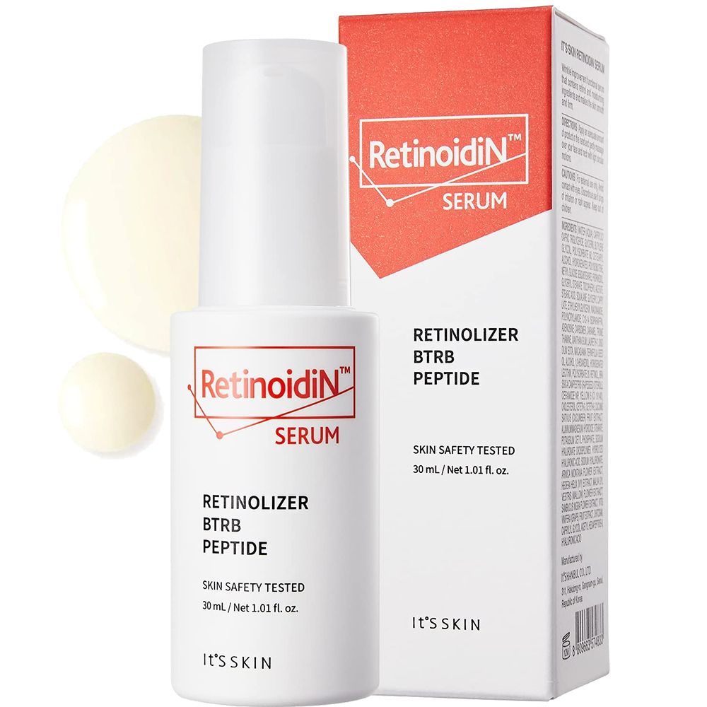 Flacone di siero e confezione. Testo: Retinoidin Serum, Retinolizer BTRB Peptide, Skin Safety Tested.