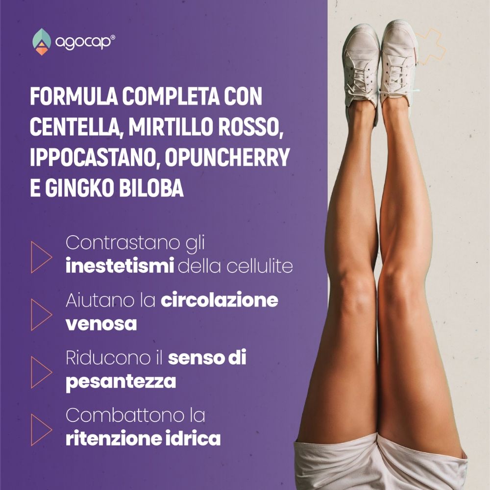 Gambe con scarpe da ginnastica. Testo: Formula con Centella, Mirtillo, Ippocastano, Opuntia, Ginkgo Biloba.