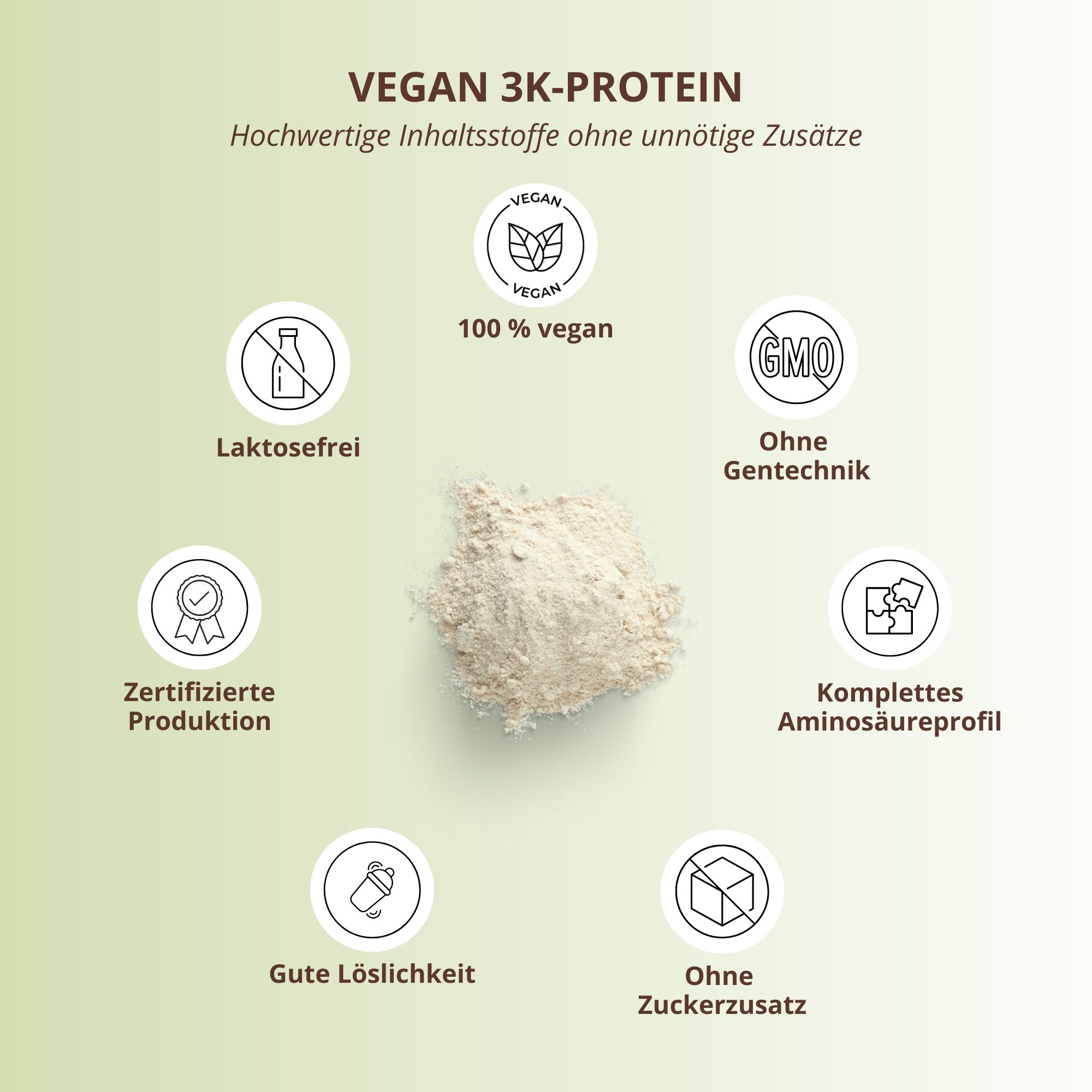Proteine in polvere con simboli: Vegano, 100% vegano, senza lattosio, senza OGM, produzione certificata, profilo completo di aminoacidi, buona solubilità, senza zuccheri aggiunti.