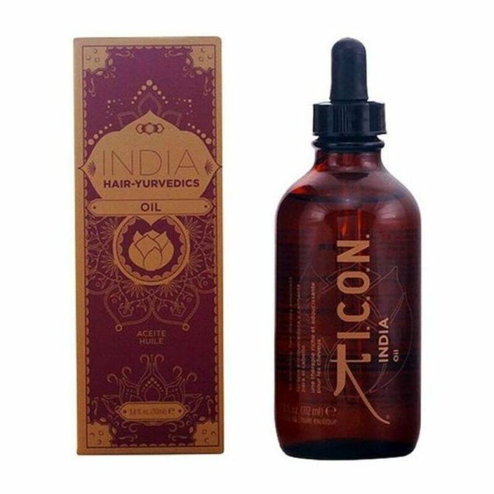 Flacone di vetro marrone con contagocce e scatola. Scritta: ICON INDIA HAIR-YURVEDICS OIL.