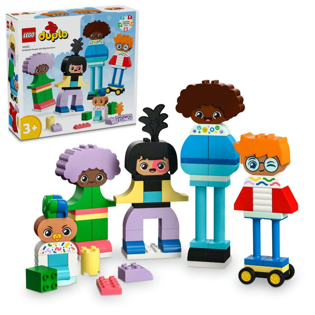 Set LEGO DUPLO con personaggi e confezione. Personaggi di vari colori e forme. Confezione con nome del prodotto e età.