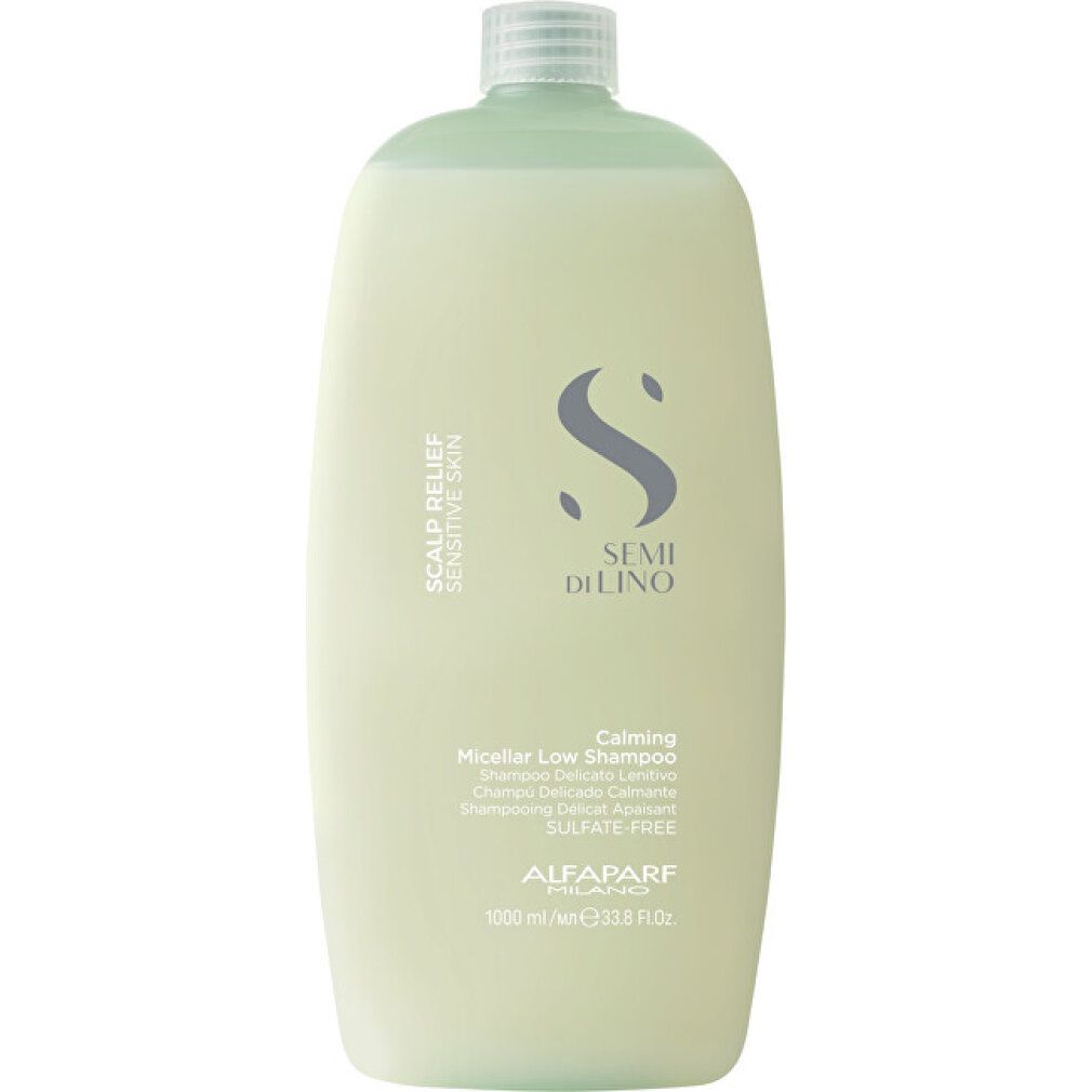 Grande flacone verde con tappo argentato. Testo: SCALP RELIEF, SEMI DI LINO, Calming Micellar Low Shampoo, ALFA PARF, SULFATE FREE.