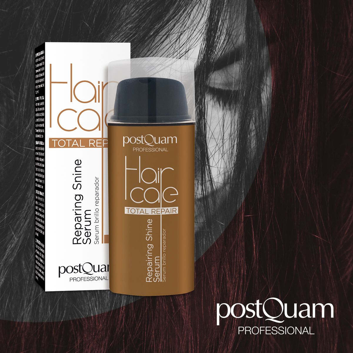 Siero per capelli con confezione e sfondo. Scritta: Hair Care Total Repair, Repairing Shine Serum. Marchio: Postquam Professional.