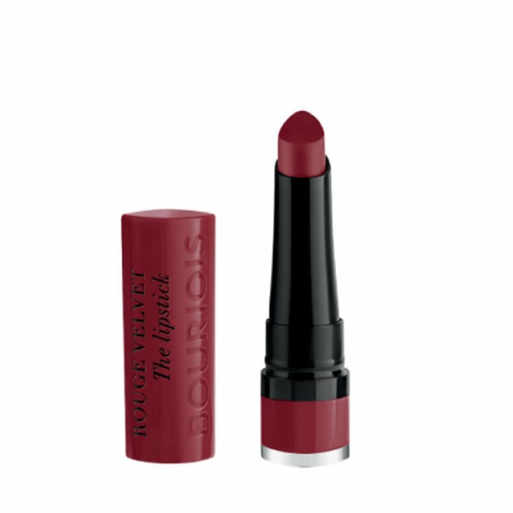 Rossetto rosso scuro con stelo nero e astuccio. Sull'astuccio è scritto "ROUGE VELVET The lipstick" e "BOURJOIS".