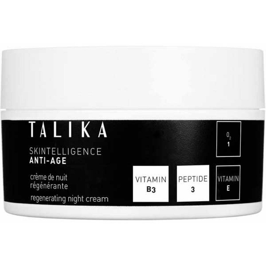 Vasetto di crema con etichetta nera. Scritta: TALIKA, Skintelligence Anti-Age, Regenerating Night Cream. Contiene Vitamina B3, Peptide 3, Vitamina E.